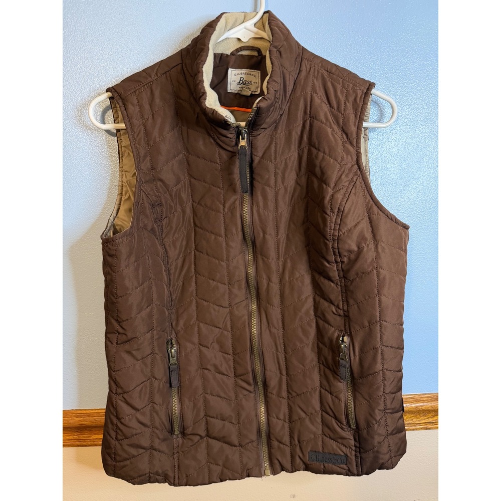 GH Bass & Co Womens Brown Quilted Puffer Vest Fleece Lined Collar Medium
